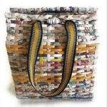 Paperus Small Lunch Bag Handbag Carry Bag Shopping Bag Natural with Golden Stripes with Flaps