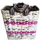 Paperus Small Lunch Bag Handbag Carry Bag Shopping Bag Natural with Briliiant Pink Stripes